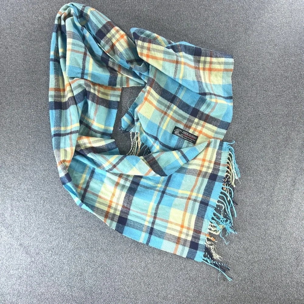 Vintage Preppy Plaid Scarf OS 100% Cashmere Heritage Classic Blue Orange